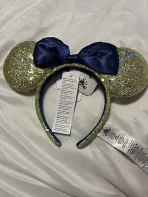 Walt Disney World 50th Anniversary Sequined Gold With Blue Bow Ears Headband NEW-image