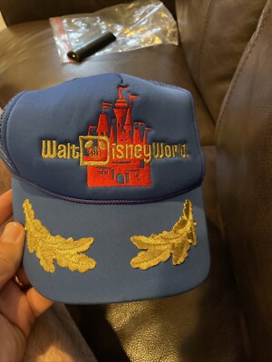 Vintage 80s Walt Disney World Productions Trucker Hat Blue Mesh Snapback Castle-image