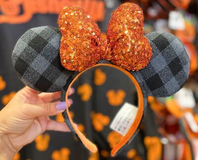 Disney Parks Minnie Mouse Ears Orange Bow Sequin Halloween Plaid Headband-image