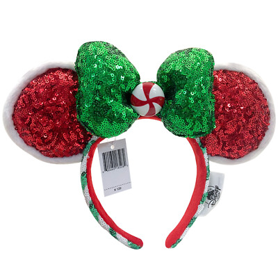 DisneyParks Green Sequin Minnie Mouse Bow Red Sequins Ears Headband Ears New-image
