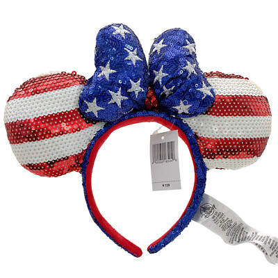 Disney~Parks Minnie Mouse Ears White Red Stripes Flag Blue Bow Stars Headband-image