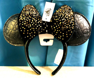 Disney Parks WDW 50th Anniversary Black Gold Faux Leather Minnie Bow Ears NEW-image