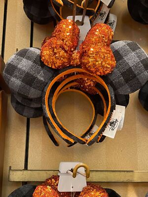 Disney Parks Orange Bow Sequin Halloween Plaid Minnie Mouse Ears Headband-image