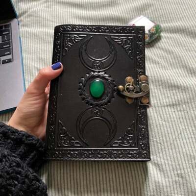 Handmade Leather Journal Triple Moon Solar Single Stone Embossed witch craft-image