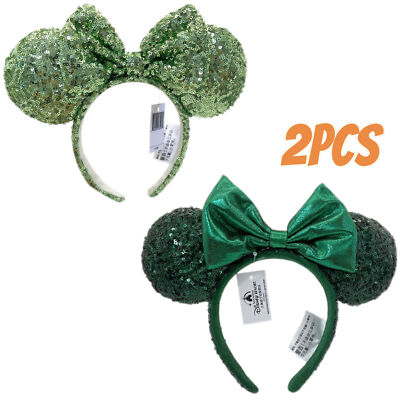 Disney~ Minnie Mouse Emerald Green Sequins Bow +Mickey Green Sequin Bow Headband-image