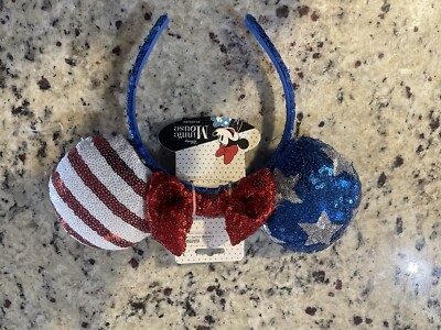 Disney Parks American Flag Bow Stars Sequins Mickey Mouse Minnie Ears Headband-image