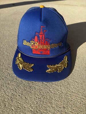Vintage Rare Walt Disney World Hat Trucker Gold Leaf Embroidered Mesh Back Blue-image