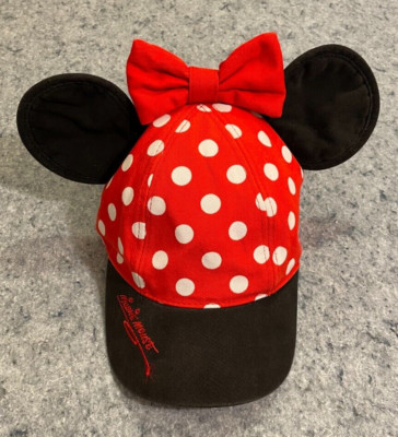 Disney Minnie Mouse Hat Cap Red And White Polka Dot With Ears and Red Bow-image