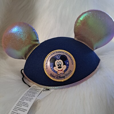 Walt Disney World Park 50th Anniversary Ears Strap Hat Blue/ Gold Iridescent New-image