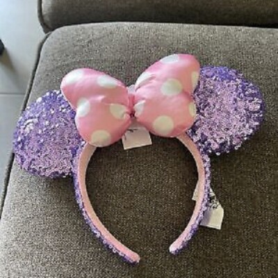 Disney Parks Minnie Mouse Ears Disneyland Headband Purple Sequin Pink Polka Dot-image