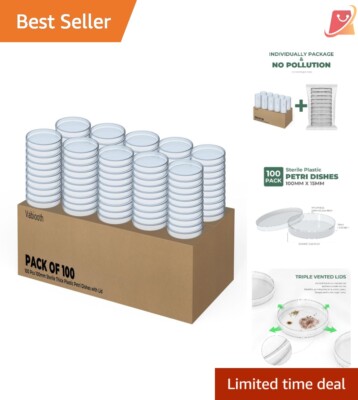 100 Pack Sterile Plastic Petri Dishes 100mm Vented Lab Experiment Clear Use-image