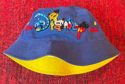 VINTAGE EMBROIDERED WALT DISNEY WORLD BLUE & YELLOW YOUTH SIZED BUCKET HAT-image