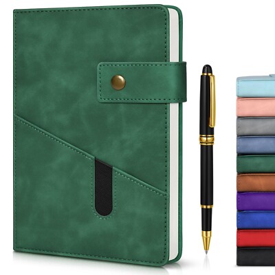 Hardcover Notebook Journal with Pen A5 200 Lined Pages Leather Cover Green-image