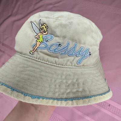 Vintage Tinkerbell Sassy Bucket Hat Beige Women Walt Disney World Cotton RN 8416-image
