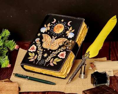 Luna Moth Vintage Leather Journal Antique Style Writing Journal for Men & Women-image