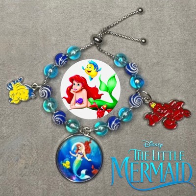 ARIEL Little Mermaid Handmade Silver Slider Cabochon Charm Bracelet/Jewelry ✨NEW-image