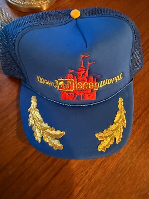 Vintage Walt Disney World Blue Trucker Cap Snapback Hat Gold Leaf Mesh Back 80s-image