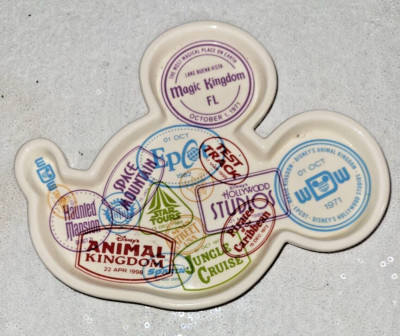 Disneyland WDW Park Mickey Head Stamp Trinket Dish Ceramic Jewelry Tray 7.5 x 6-image