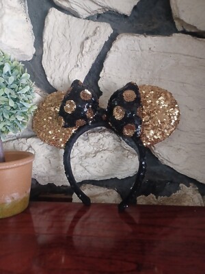 DisneyParks Black Gold Polka Dot Minnie Mouse Bow Sequins Ears Headband Ears-image