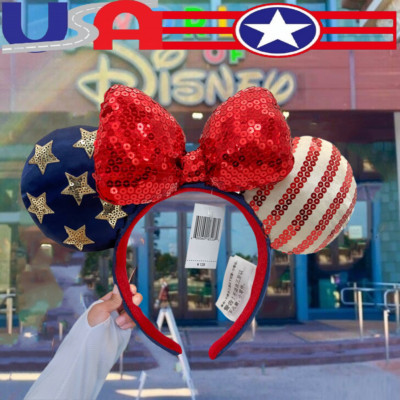 Disney Parks American Flag Bow Stars Sequins Mouse Minnie Ears Headband US💖-image