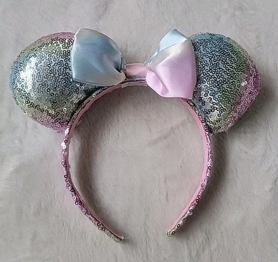 Disney Parks Pastel Pink/Blue Minnie Mouse Bow Sequins Headband Ears-image