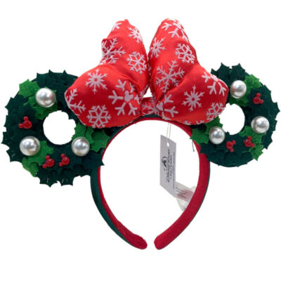 DisneyParks Red Christmas Holiday Minnie Mouse Bow Wreath Ears Headband Ears-image