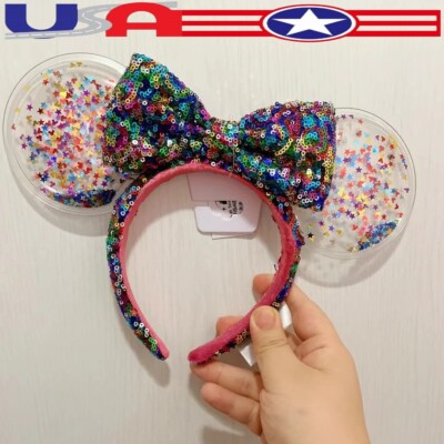 Disney Parks Minnie Mouse Ears Rainbow Confetti Sequin Bow Headband US💖-image