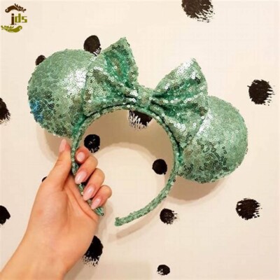 Green Sequin Bow Disney Parks Headband Minnie Ears Rare Exclusive Collection-image