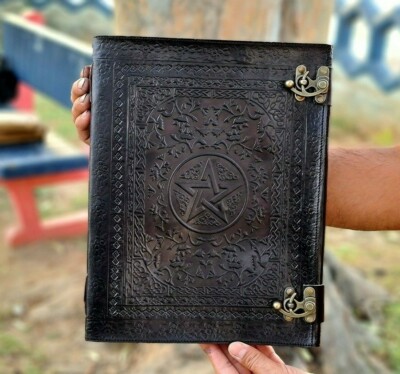 Black Leather Journal Spell book, Embossed Pentagram & book of shadows best gift-image