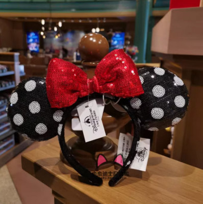 Disney, Parks Polka Dot Red Bow Minnie Mouse Sequin Black Ears Headband XMAS-image