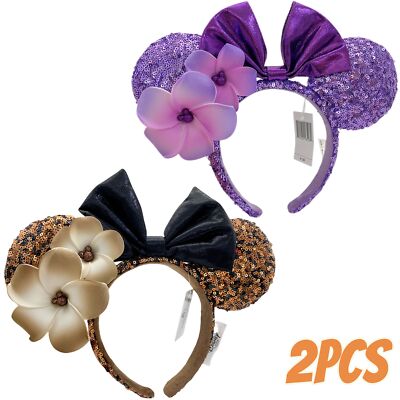 Disney~ Minnie Headband Aulani Hawaii Black Gold Plumeria & Purple Plumeria Ears-image