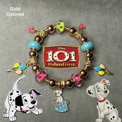 101 DALMATIANS DOGS Handmade Gold Elastic Steel Spring Charm Bracelet Gift ✨ NEW-image