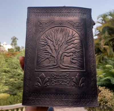 Embossed Tree Leather Journal Notebook Handmade Vintage Diary with Aged Paper-image