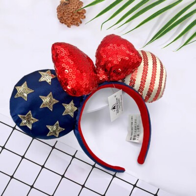 Minnie Mouse Ears Disney-Parks Red Bow Stars USA Flag Sequins Mickey Headband-image
