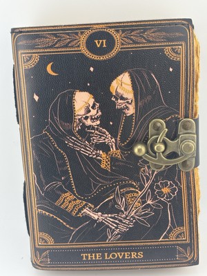 Book of Spells Leather Journal Deckle Edge Paper Grimoire The Lovers Tarot Skull-image