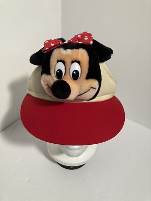 Vintage NWT Walt Disney World Minnie Mouse Sun Visor Hat- Red/ 3D Head- Adult-image