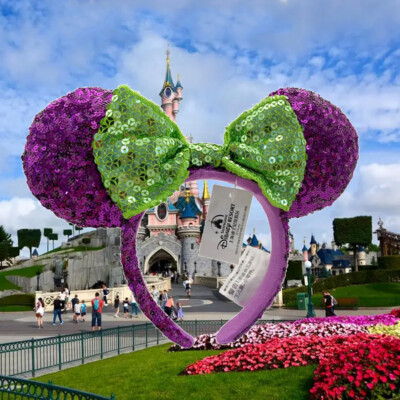 Disney Parks Halloween Purple Minnie Mouse Ears Green Sequin Bow Headband Gift-image