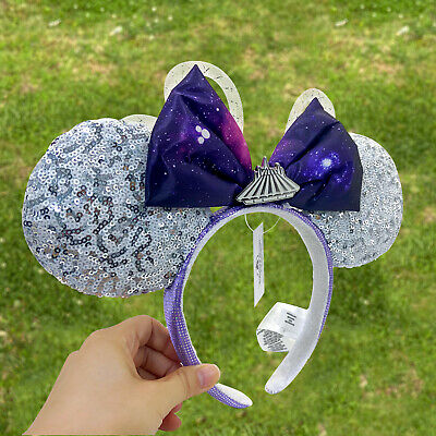 DisneyParks Blue Starry Sky Bow White Minnie Mouse Sequin Ears Princess Headband-image