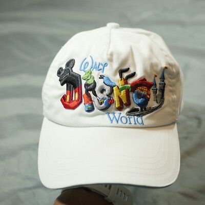 Disney Hat Cap Strap Back White Yellow Red Mickey Walt Big Logo Spell Out-image