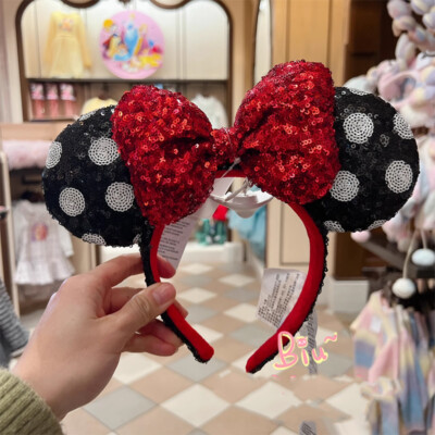 Disney Parks Polka Dot Red Bow Minnie Mickey Mouse Sequin Black Ears Headband US-image