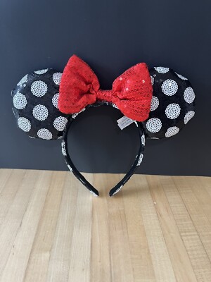 Disney Parks Black Sequin Red Bow White Polka Dot  Minnie Mouse Ears Headband-image