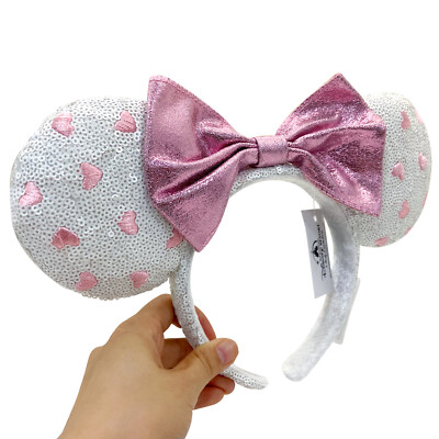 DisneyParks White Sequin Pink Heart Minnie Mouse Bow Sequins Ears Headband Ears-image