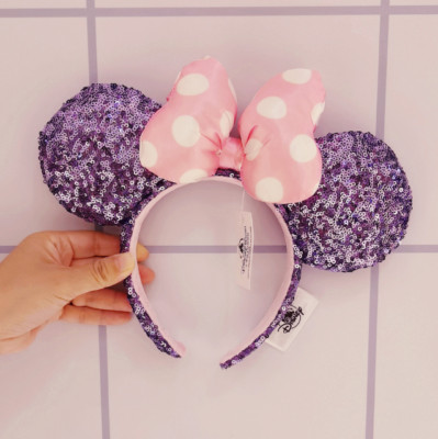 Disney'Parks 2024 Purple & Pink Polka Dot Bow Sequin Mickey Minnie Ear Headband-image