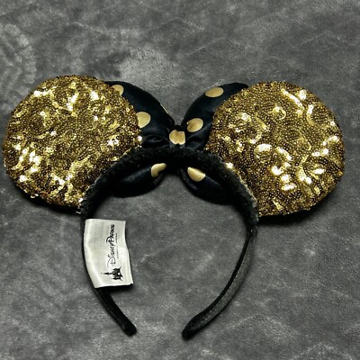 Disney Parks Women's Minnie Mouse Ear Headband Black Gold Sequin Polka Dot Bow-image