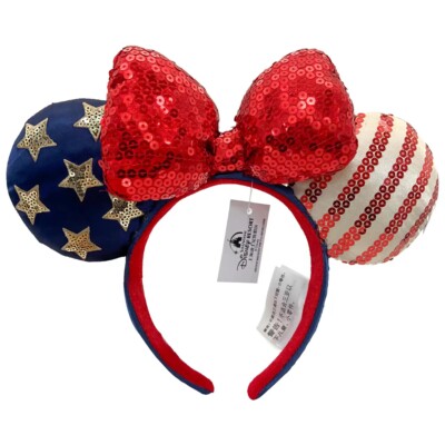 Disney Parks Bow Minnie Ears Stars USA Flag Sequins Mickey Mouse Headband 2022-image