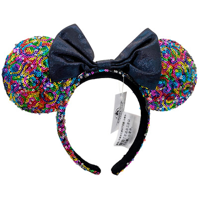 Tokyo Disney- Parks Micky & Minnie Ears Sequins Black Rainbow JAPAN Headband-image