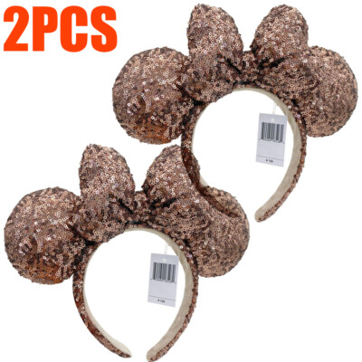 2X Tokyo Disney*Parks Resort Ears Minnie limited Ribbon Sequin Brown Headband-image