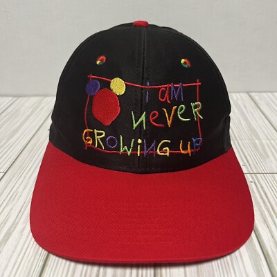 VINTAGE Walt Disney World Hat Cap SnapBack Adult I AM NEVER GROWING UP Black Red-image