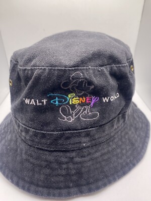 Vintage Walt Disney World Adult One Size Bucket Hat Black Embroidered Rare-image