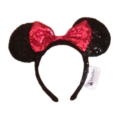 Disney Parks Black Sequins Minnie Mouse Ears Headband with Red Bow-image